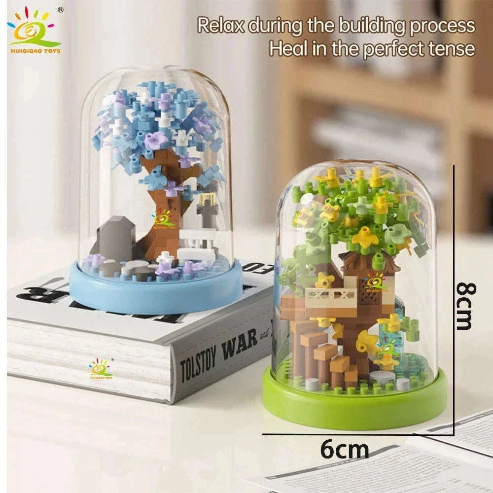 Four Seasons Mini Tree House with Display Box Model Mini Figurines Building Block Puzzles