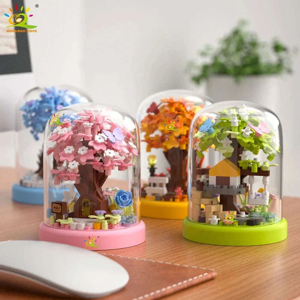 Four Seasons Mini Tree House with Display Box Model Mini Figurines Building Block Puzzles