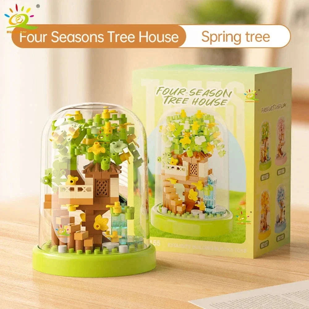 Four Seasons Mini Tree House with Display Box Model Mini Figurines Building Block Puzzles