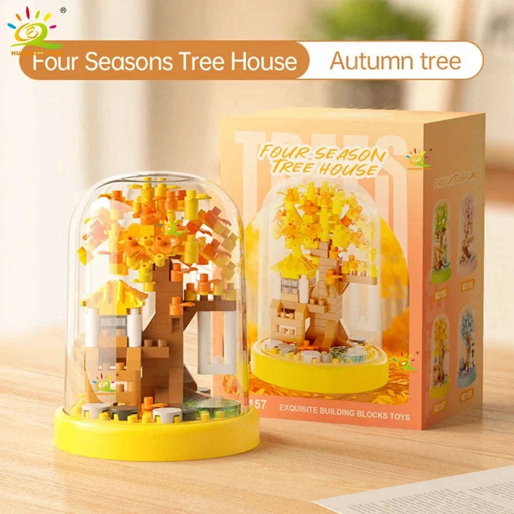 Four Seasons Mini Tree House with Display Box Model Mini Figurines Building Block Puzzles
