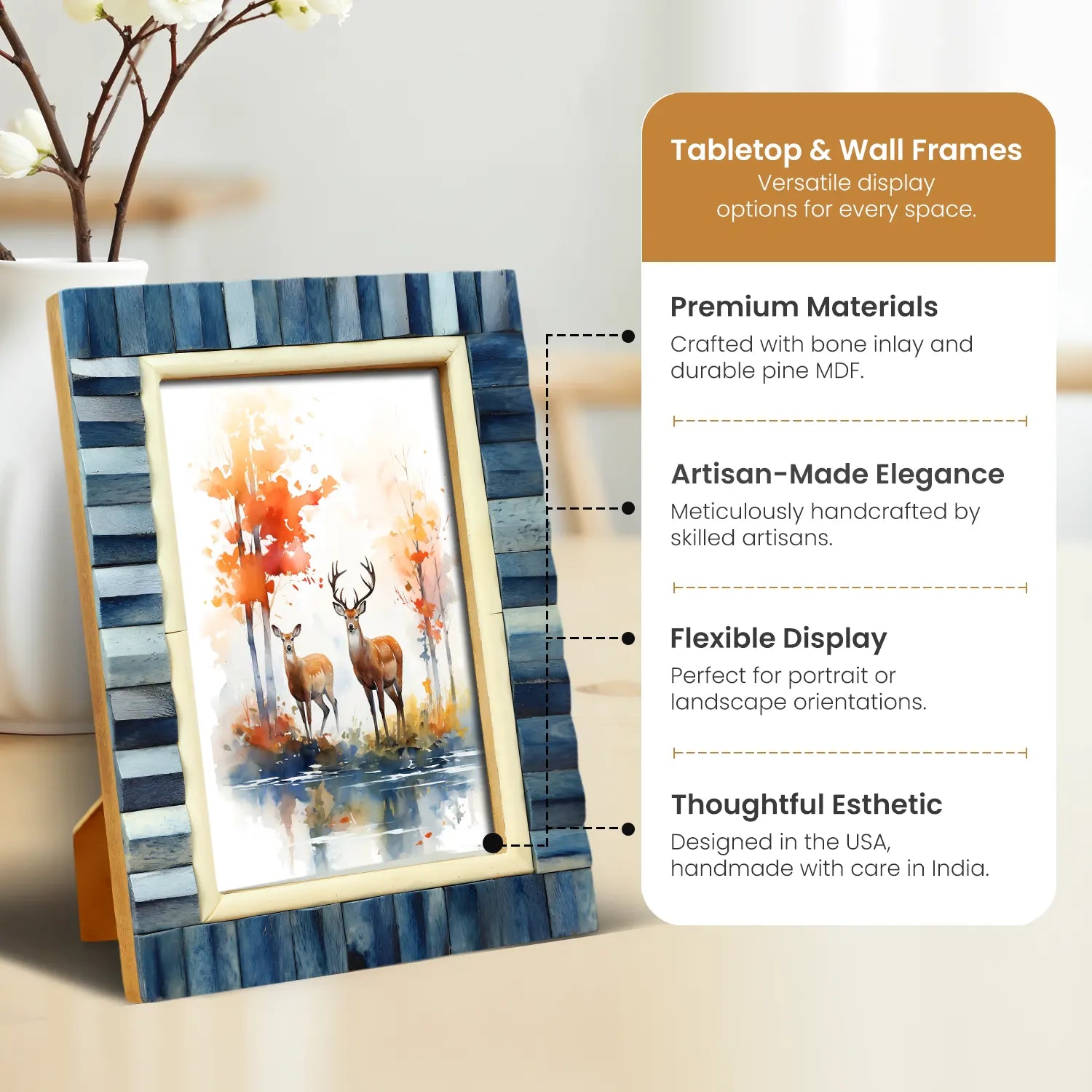 Picture Frame Ivory Ocean Collection Bone Inlay Blue – 4x6 & 5x7