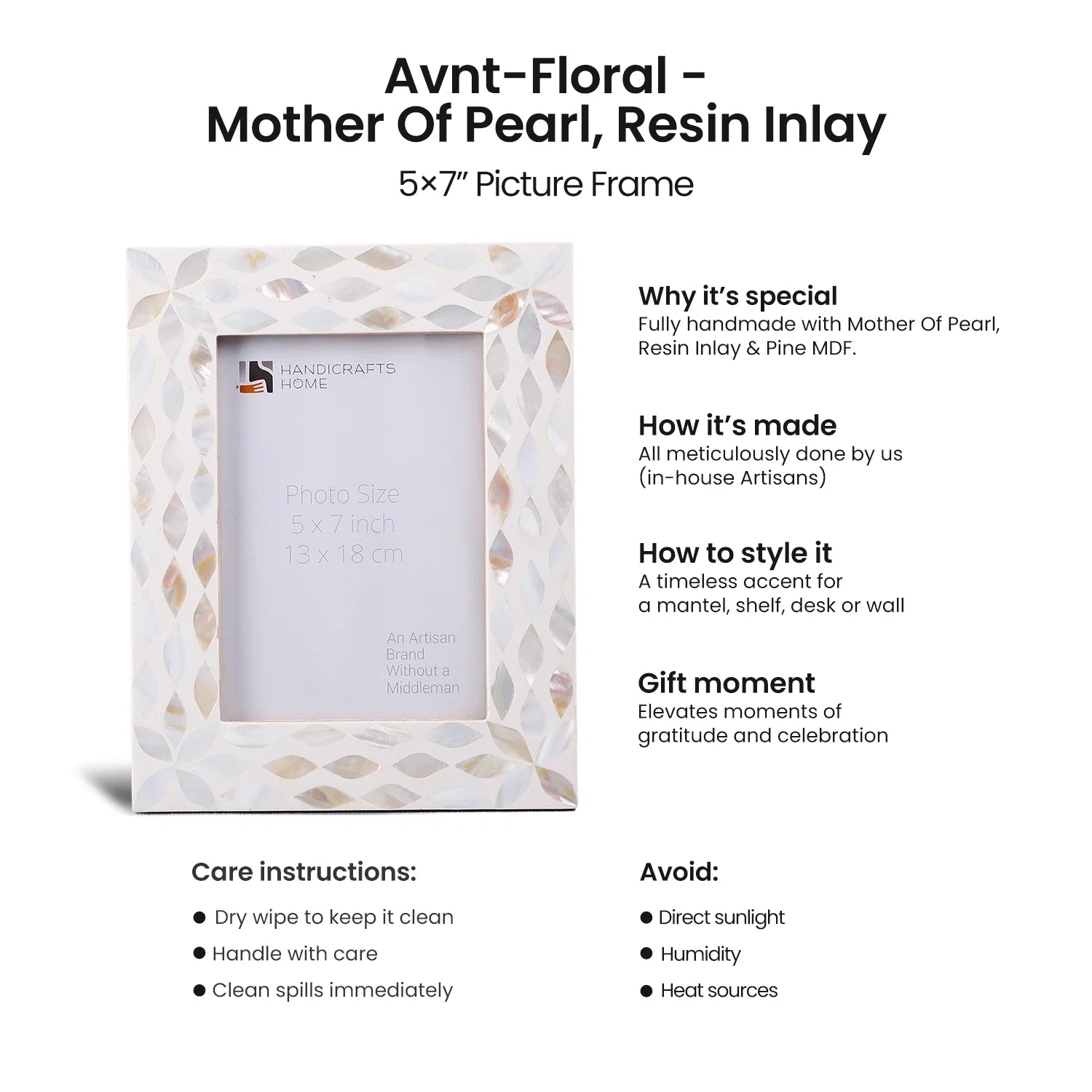 Picture Frames Avant Floral Collection Mother of Pearl Resin Inlay White 5x7"