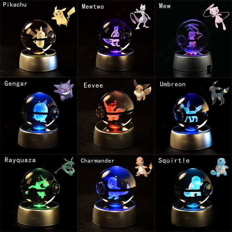 Pokemon 3D Crystal Pokeball with LED Light Base, Kids Anime Toy Gifts 2 in