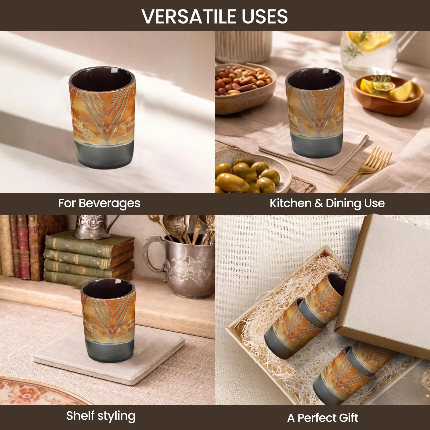 Whiskey Shot Cups Set Chevron Pattern Real Ox Horn 6.5 oz, Pack 4, 8 & 12